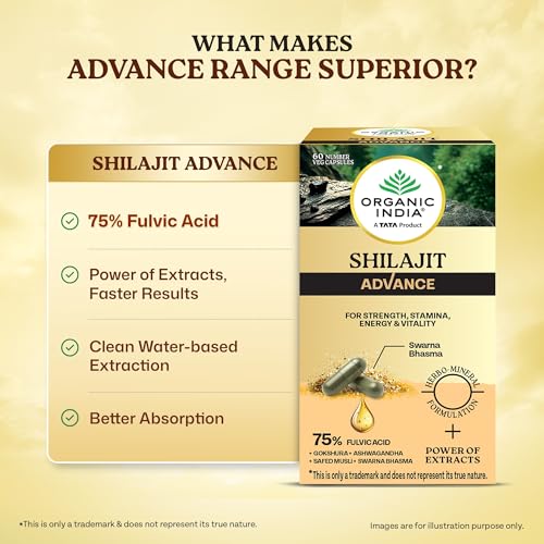 Image of Organic India Shilajit Advance Capsules, 60 Veg Capsules, 75% Fulvic Acid, With Ashwagandha, Gokshura & Safed Musli, Strength, Stamina, Energy & Vitality Support
