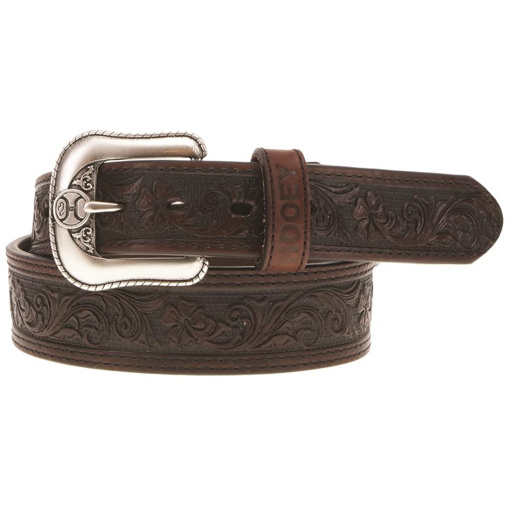 HOOEY Tapered Brown Leather Filigree Embossed Belt with Brown Double Welt Edge & Black Accents (38)
