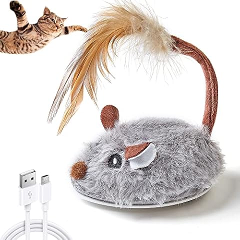 Vealind Interactive Cat Toys with Feather Tail, USB Rechargeable Cat Mouse Toy Automatic Moving for Indoor Cats Hunting and Exercise Cover