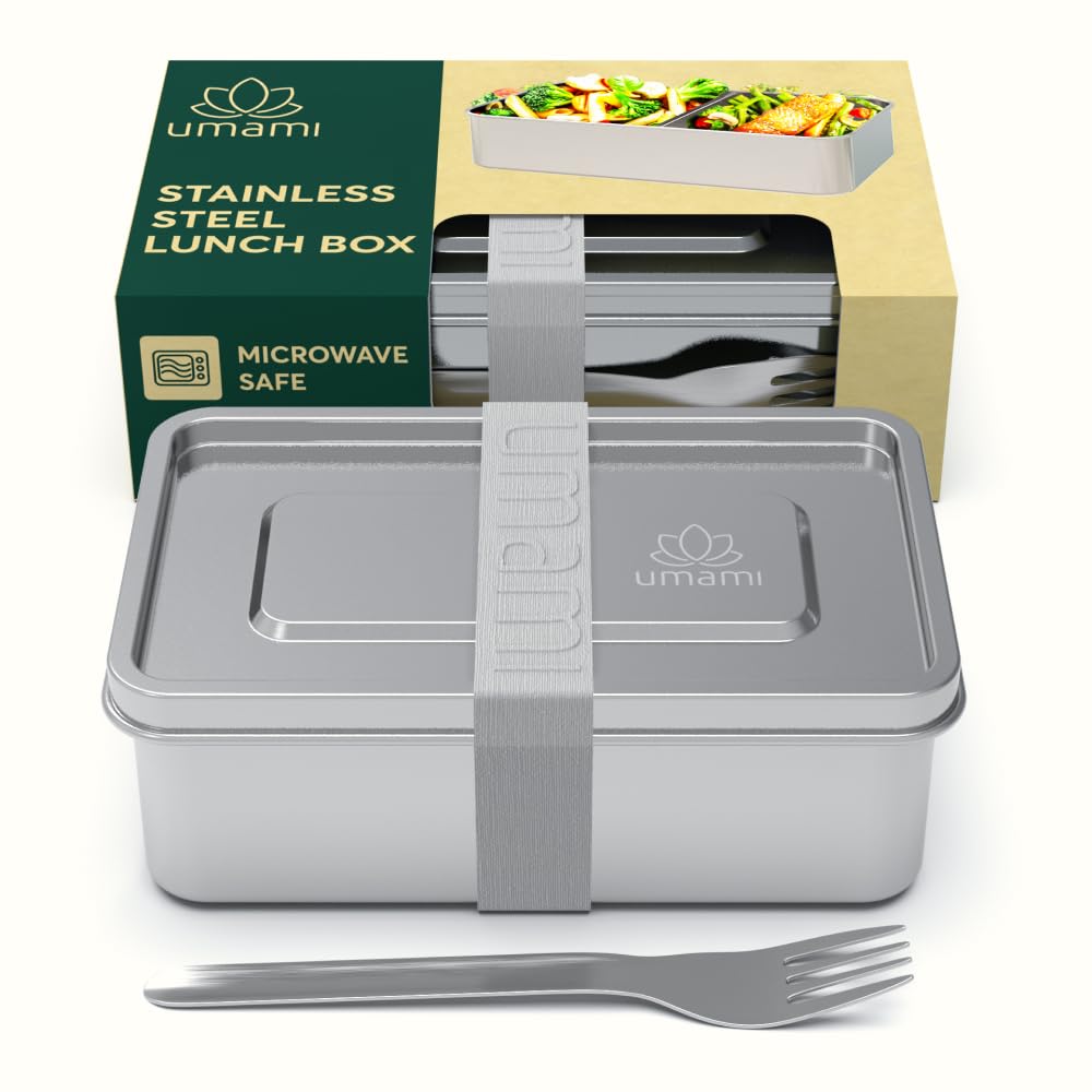 Umami Stainless Steel Lunch Box w/Fork & Adjustable Divider, Microwave (Yes!) & Dishwasher Safe, Leakproof, Stackable Food Containers for Adults, Large Stainless Steel Metal Bento Box