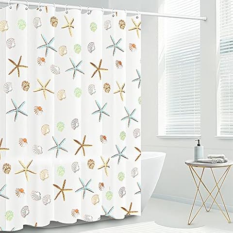 Simpolor Shower Curtain with Hooks, Long Shower Curtain Made of Mould PEVA, [Stylish and Elegant] [Water Repellent] Shower Liner for Bathroom , Starfish - 180 x 180 cm (71 x 71 Inch) Cover