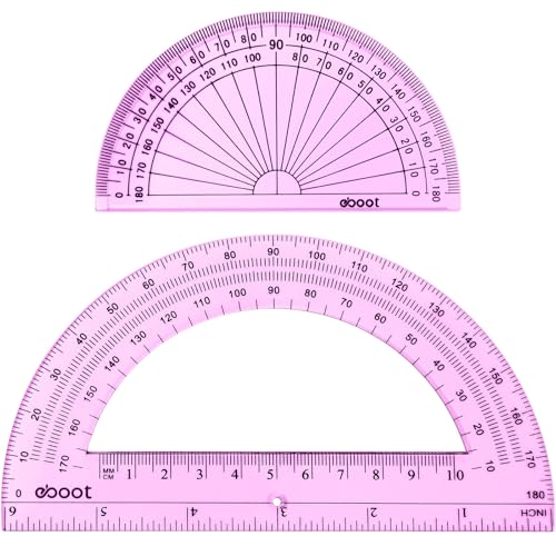 EBOOT 2 Pcs Plastic Protractor Clear 180 Degrees Transparent Protractor for Geometry, 4 Inch and 6 Inch(Pink)