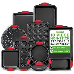 NutriChef Non-Stick Baking Tray Set 10-Piece, Stackable Oven-Safe Bakeware, Cookie Sheet, Loaf, Pizza, Muffin, Cake, Round & Square Pans, Non-Stick Trays with Red Silicone Handles