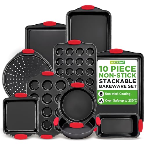 NutriChef Non-Stick Baking Tray Set 10-Piece, Stackable Oven-Safe Bakeware, Cookie Sheet, Loaf, Pizza, Muffin, Cake, Round & Square Pans, Non-Stick Trays with Red Silicone Handles