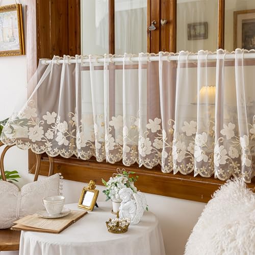 Consejos para Comprar Visillos , listamos los 10 mejores. 42 Vordesack Visillo de Gasa con Delicado Bordado de Flores, Cortina de Cocina con listón Perforado, Cortina Transparente, 1 Pieza Beis, 60 x 140 cm (Alto x Ancho)