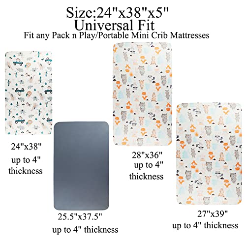 Tontukatu Pack N Play Sheet Stretchy Fitted Portable Mini Crib Sheets Set 3 Pack,Playard Sheets Convertible Playard Mattress Cover,Ultra Soft Jersey Material,Elephant Tiger,Fox & Grey #TOP5