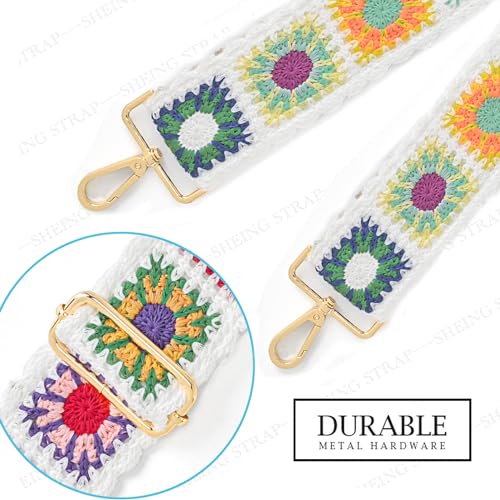 Image of Crochet Flower Purse Strap, Knit Replacement Crossbody Wide Adjustable Shoulder Strap for Bag Handbag- Boho Style(White 01)