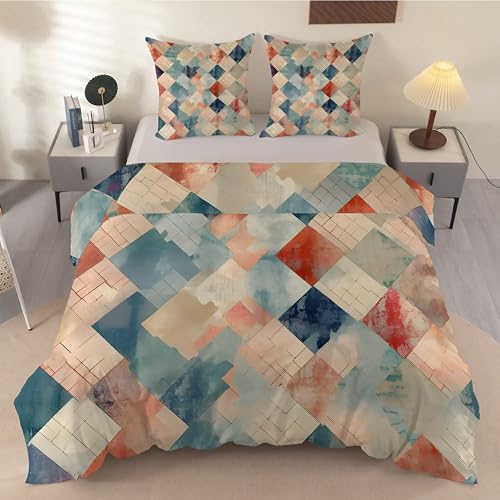 Funda Nórdica Cama 105 Geometría, Funda Edredon 200x200 Microfibra Suave, Ropa de Cama Patchwork Retro - Funda Nordica Geométrico y 2 Funda de Almohada 50x75 con Cremallera, Y-926