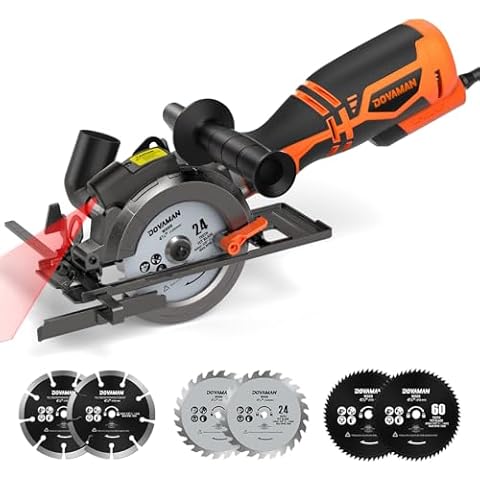 DOVAMAN Circular Saw, 5.8A 4-1/2" Circular Saw w/Laser, Metal Auxiliary Handle, 6 Saw Blades (4½", 4¾"), Cutting Depth 1-11/16" (90°), 1-3/8" (45°), Ideal for Wood, Soft Metal, Plastic, Tile - MCS01A Cover
