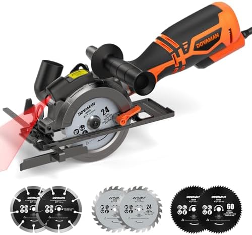 DOVAMAN Circular Saw, 5.8A 4-1/2" Circular Saw w/Laser, Metal Auxiliary Handle, 6 Blades (4½", 4¾"), Cutting Depth 1-11/16" (90°), 1-3/8" (45°), Ideal for Wood, Soft Metal, Plastic, Tile - MCS01A