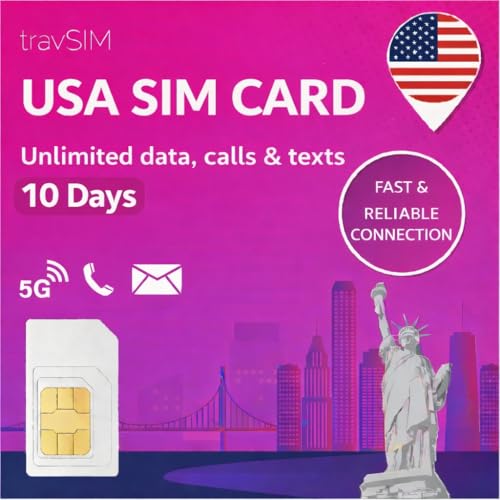 travSIM Tarjeta SIM USA | Red T-Mobile | Datos ilimitados, Llamadas y Textos en los USA | USA SIM Card Funciona en Dispositivos iOS y Android | SIM Card USA 10 Días
