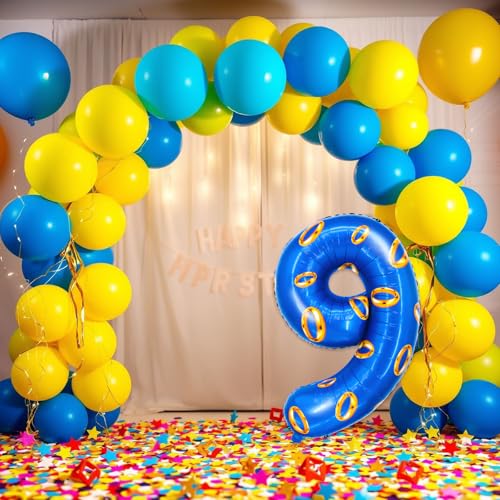 Image of Number 40 Inch Blue and Gold Ring Balloon Birthday Number Decoration Aluminum Film Balloon Suitable for Boys and Girls Blue Theme Party Cartoon Party Decoration Supplies (9)