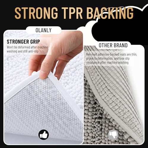 Image of OLANLY Thick Large Bathroom Rugs 47x32, Extra Soft Absorbent Chenille Striped Bath Rugs, Rubber Backing, Machine Wash Dry, Bath Mats for Bathroom Floor, Tub and Shower, Home Decor Accessories, White