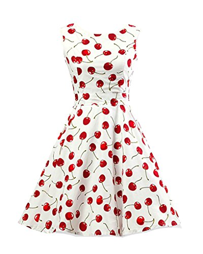 MISSMAO Femmes Hepburn Style Rockabilly sans Manches Floral Style Halter Rétro 1950's Robe de Cocktail XL Blanc & Cerise