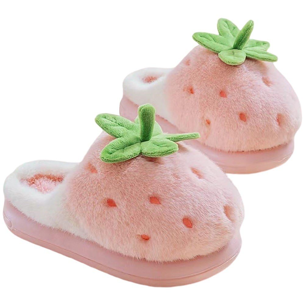 Baokuan Strawberry Fuzzy Friut Slippers for Women, Cute Fluffy Plush Warm House Couple Slippers, Winter