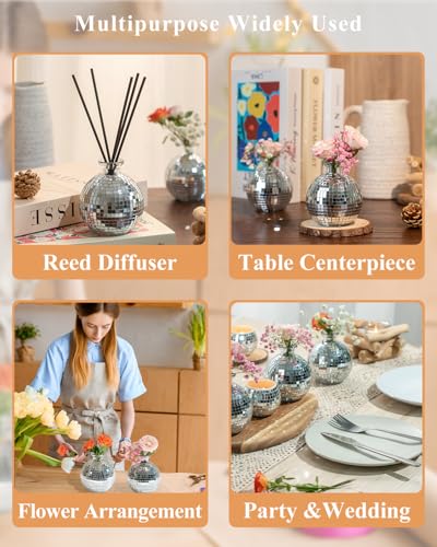 Image of Disco Ball Vase for Centerpieces Disco Ball Planter for Flowers Silver Mirror Glass Disco Ball Decor for Table, Party, Wedding, Birthday, Home, or Bedroom(3.5 inch X 4 inch)