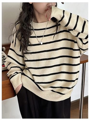 Girl's Striped Button Back Sweater Crewneck Long Sleeve Drop Shoulder Knit Jumper Tops3