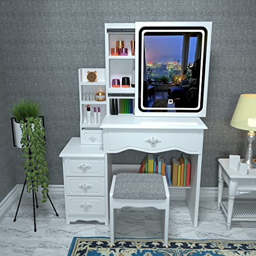 55" Makeup Vanity Desk Set with Hidden Shelves & Cushioned Stool, Sliding Vanity Mirror with 3-Color Adjustable Touch Light, Wooden Makeup Dressing Vanity Table with 5 Drawers for Women (White)