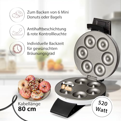 Cloer 6121 Donut Maker für 6 Mini-Donuts oder Bagels, Antihaftbeschichtung, rote Kontrollleuchte, platzsparend verstaubar, Kabelaufwicklung, Steckerdepot, weißes Metallgehäuse, 520W