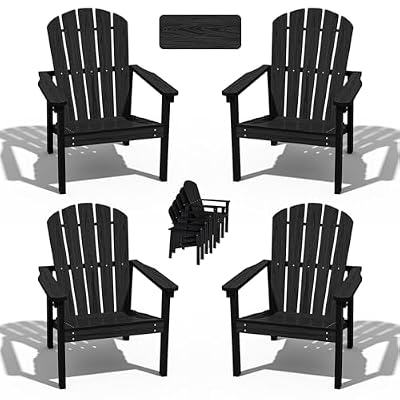 nevilywood Compact Stackable Adirondack Chairs Set of 4, 26.3" Wide HDPE Outdoor Patio Chairs - Durable, Space-Saving Design for Porch, Lawn or Garden, Black