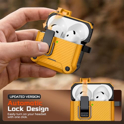 Image of Inesore for AirPods 4 Case with Secure Lock (Yellow) | Phone Stand Design,Compatible with MagSafe,Automatic Snap Switch Secure Cover Carbon Fiber Texture with Cleaner Kit