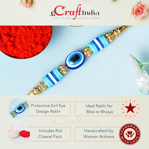 Image of eCraftIndia Evil Eye Rakhi for Brother With Gift Combo Set Hamper | Single Raksha Bandhan Rakhi for Bhai Bhaiya Bhabhi Kids Boy | Best Bro Ever Fridge Magnet | Roli Chawal Pack