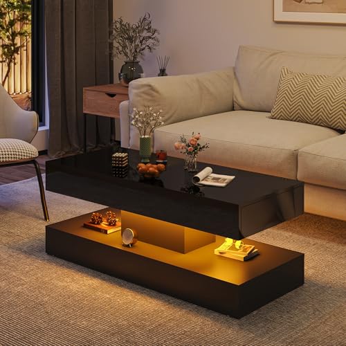 Uspeedy 47.3in Large High Glossy LED Coffee Table with 2 Storage Drawers,Black/White Modern Coffee Tables for Living Room,Living Room Tables,APP LED Lights (Black)