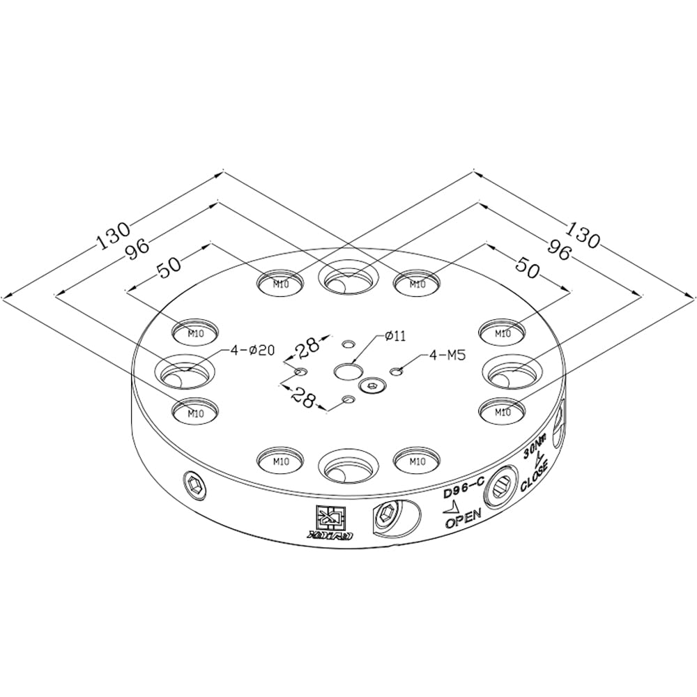 Placa redonda CNC de cambio rápido D96-C, diámetro de 180 mm de diámetro x 27 mm de alto, repetibilidad de ± 0,005 mm, fuerza de 20 kN, agujeros de 96 x 96 mm, 58-62 HRC