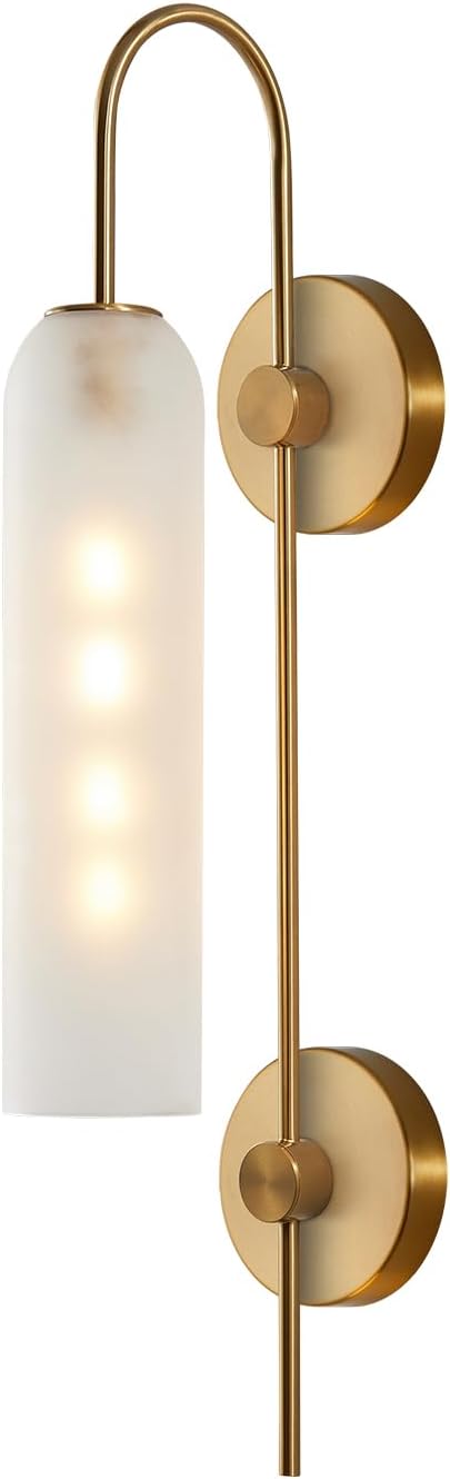 BOKT Mid Century Modern 1-Light Wall Mounted Light Brushed Gold Metal Wall Sconce Lighting Minimalist Anti Brass Wall Sconce Lamp White Glass Bathroom Vanity Light Fixture (White)