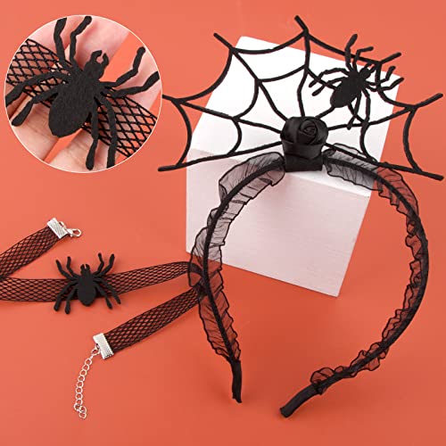 BOFUNX 10 Stücke Halloween Spinnennetz Kostüm Set, Spinnennetz Netzstrumpfhose Stirnband Halskette Spitzenhandschuhe Spinnen Temporäre Tattoos für Halloween Masquerade Makeup