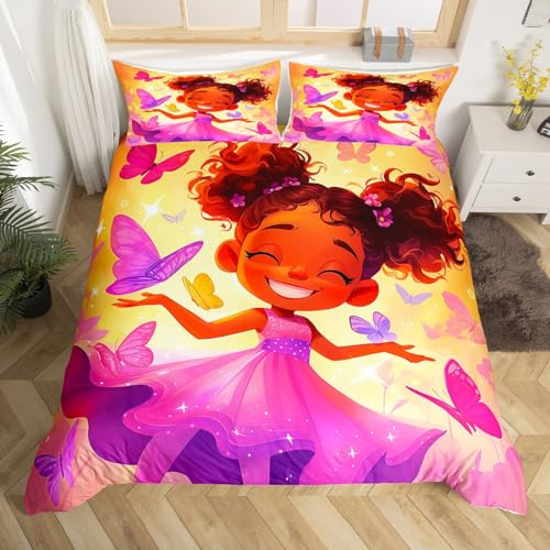 Black Girls Duvet Cover Afro Girl Twin Bedding Sets for Girls,American African Princess Magical Comforter Cover for Toddler Kids Teenager,Dreamy Butterfly Kawaii Room Decor