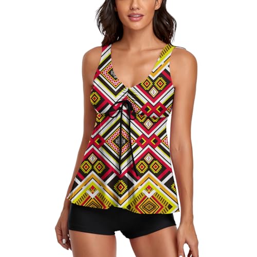 Image of Modest Tankini Swimsuits for Women Two Piece Bathing Suits Floral Print Tank Top with Boyshorts Tummy Control Swimming Suits