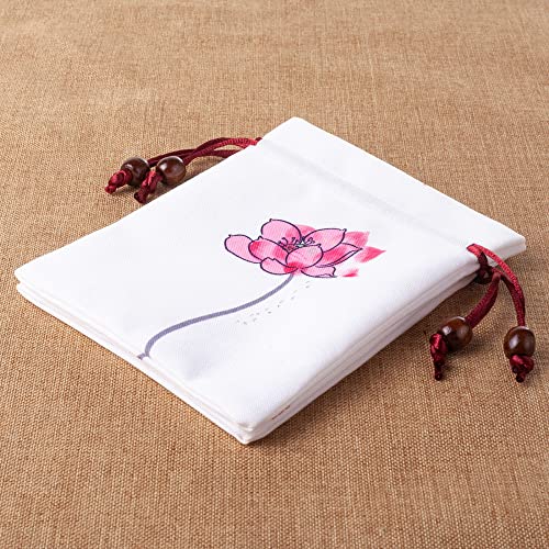 4 Bolsas de Lino con Cordón y Estampado de Lotus miniatura 2