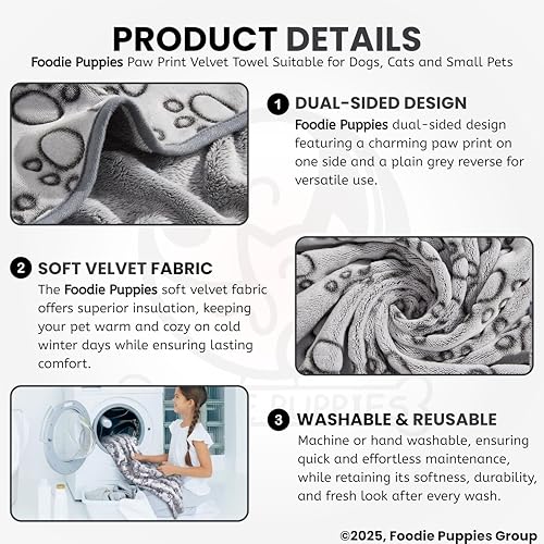 Image of Foodie Puppies Quick Drying Microfiber Pet Towel, (Paw Print Bath Towel) (Grey, 107 cm x 85 cm) Large Super Absorbent Soft Fleece Bath Towel for Drying Dogs & Cats, Grooming Blanket