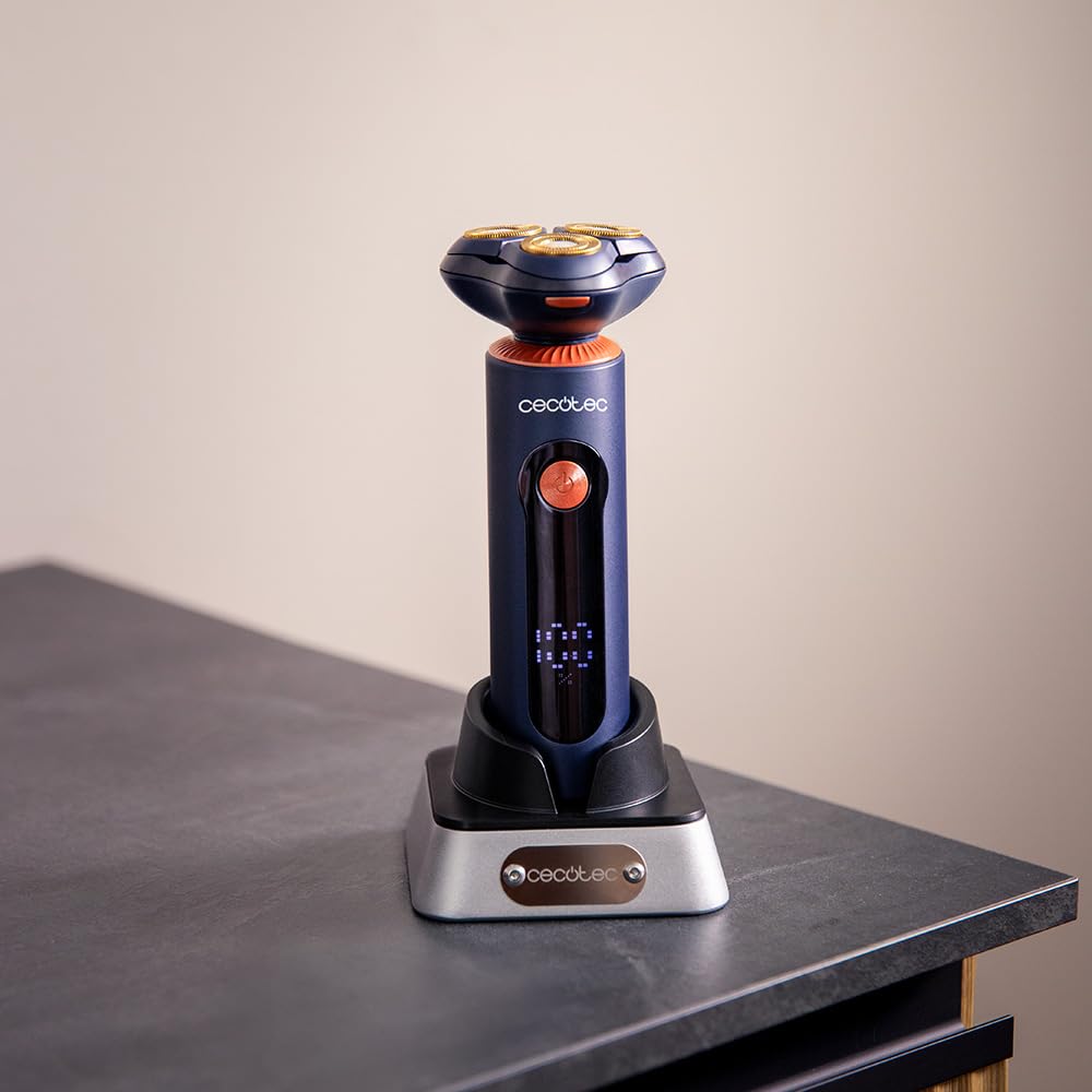 Cecotec Rasoio Rotativo PrecisionCare Aluminium Pro. Autonomia 80min, Display LCD, Lame Titanio, 8000rpm, Resistente all'Acqua IPX6, Tecnologia Doppia Lama, Base Ricarica
