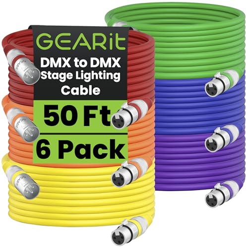 GEARit DMX Cable 50 FT 6-Pack 3-Pin Male to Female for DJs and Event Techs