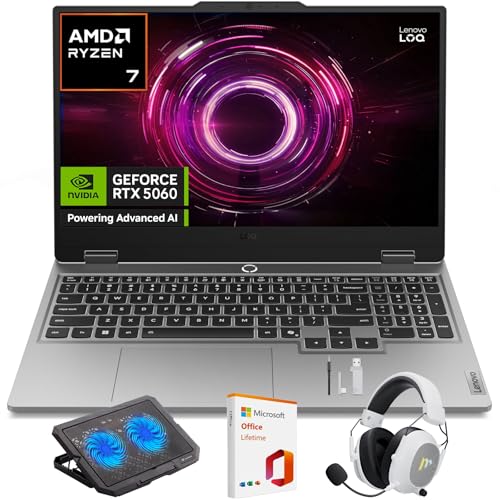 Image of Lenovo LOQ Gaming Laptop, 15.6 inch FHD 144Hz Display, AMD Ryzen 7 250, NVIDIA GeForce RTX 5060, 32GB RAM, 1TB SSD, Wi-Fi 6, Backlit Keyboard, Win 11 Home, Luna Grey, w /Mytrix Accessory Lifetime Office