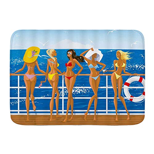 QIUTIANXIU Tapis de Bain Antidérapant Absorbant,Sexy Girl Bikini Girl Yacht Bain de Soleil Sea Breeze Lifeb Seabird Tropical Ocean Holiday Blue Brown,Tapis de Salle de Bains pour Douche Baignoire Cover
