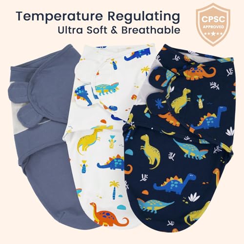 Image of david's kids 100% Cotton 3 Pack Baby Swaddle Wrap for 0-3 Months, Soft Breathable Swaddle Blanket for Newborn Infant, Adjustable Baby Wrap Sleep Sacks for Boys Girls, Newborn Essentials, Dinosaur