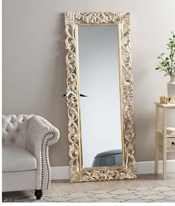 Image of Wood encoitry Wooden Hand Carved Decorative Vertical or Horizontal Hanging Rectangular Wall Mount Mirror Fram White Gold (24 x 60) Only Frame with Out Mirror