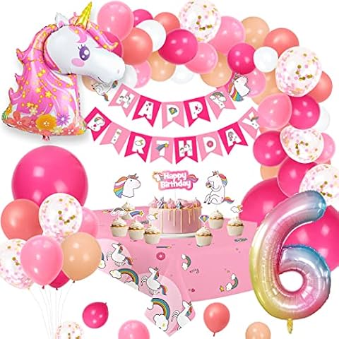 Humairc 6th Birthday Decoration, Unicorn Balloons Birthday Decorations Set Girls Unicorn Party Bags Happy Birthday Banner Cake Topper Tablecloth Large Number 6 Balloon Unicorn Balloon, 6th Girls Decor Cover