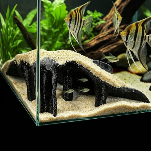 Aquarium Cave Fish Tank Cave Decor Corner Hide PETG Reptile Hideout with 500g Sand Mangrove Root Texture for Fish Shrimp Gecko Lizard Fish Tank