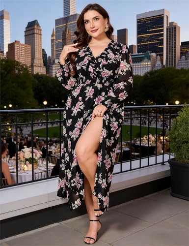 Image of EYWOL Wedding Guest Dresses for Women Long Sleeve Chiffon Floral with Slit | Maxi\Midi, Long, V Neck, A-Line, Chiffon, Elastic Waist, Flowy, Boho, Western, Fall, Flattering, Elegant, Curvy, Maternity,