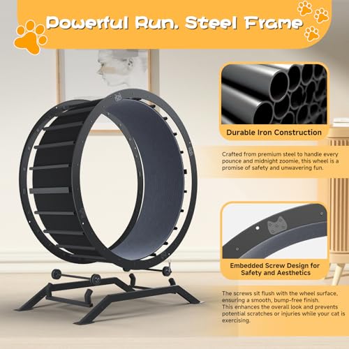 Image of GTPLAYER Cat Wheels, Large Cat Exercise Wheel for Indoor Cats, 40 inchDiameter cat treadmill Detachable Carpet & Teaser, stickers, Ultra-quiet scroll wheel With latch, Suitable for Most Cats, Metal, Gray
