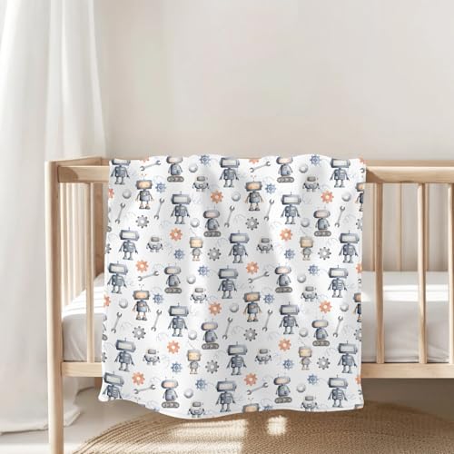 Image of Watercolor Robots Baby Blankets for Boy Girl Cute Robotic Character Soft Flannel Swaddle Receiving Blankets for Infant Toddler Crib Mechanic Robots Nursery Bed Blanket Playmat 50x60inch