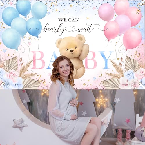 Image of Avezano Boho Bear Gender Reveal Backdrop Banner Boho Floral We Can Bearly Wait Gender Reveal Decorations Pampas Grass He or She Baby Shower Party Decor (6x3.6ft)