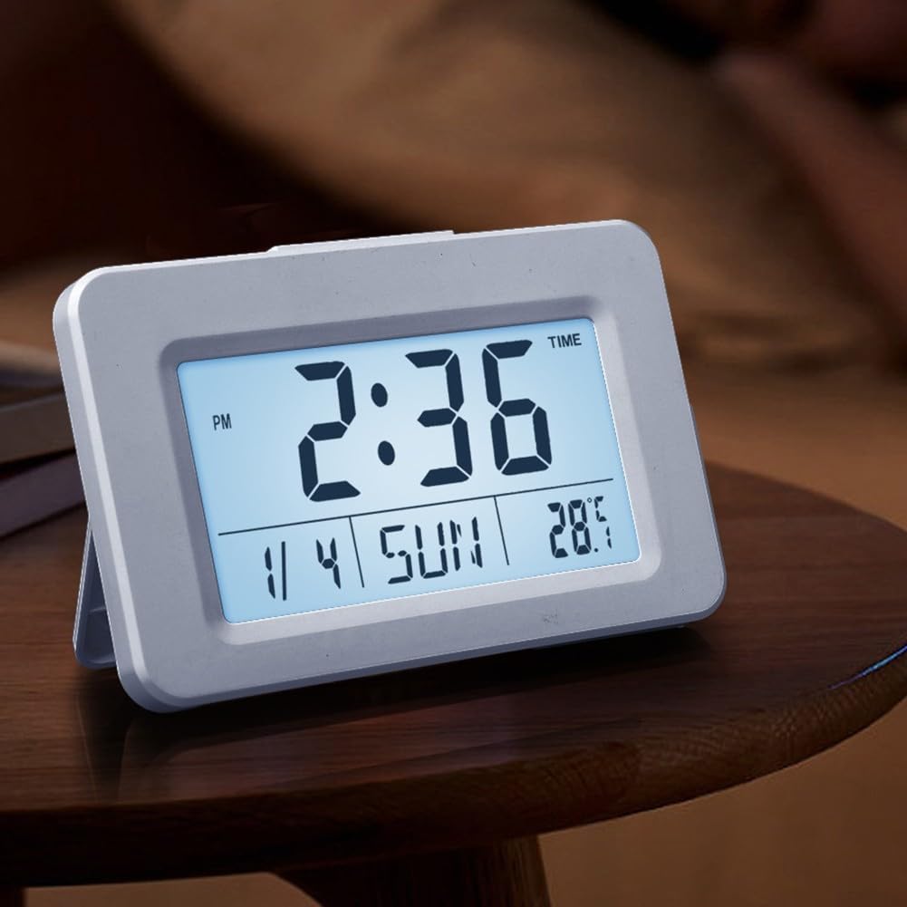 Reloj despertador digital con pantalla LCD para calendario perpetuo, monitor de temperatura y humedad, 9 tonos musicales, formato 12/24h, retroiluminación para dormitorio, escritorio, oficina