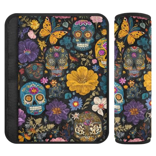 Image of Mexican Skulls and Flowers Seat Belt Cover Pad 2 Pcs Soft Cute Seatbelt Covers Protector Support Head Neck Shoulder Strap for Car Seats High Chair Backpack for Adults Kids Women Men 10x7.7In 2