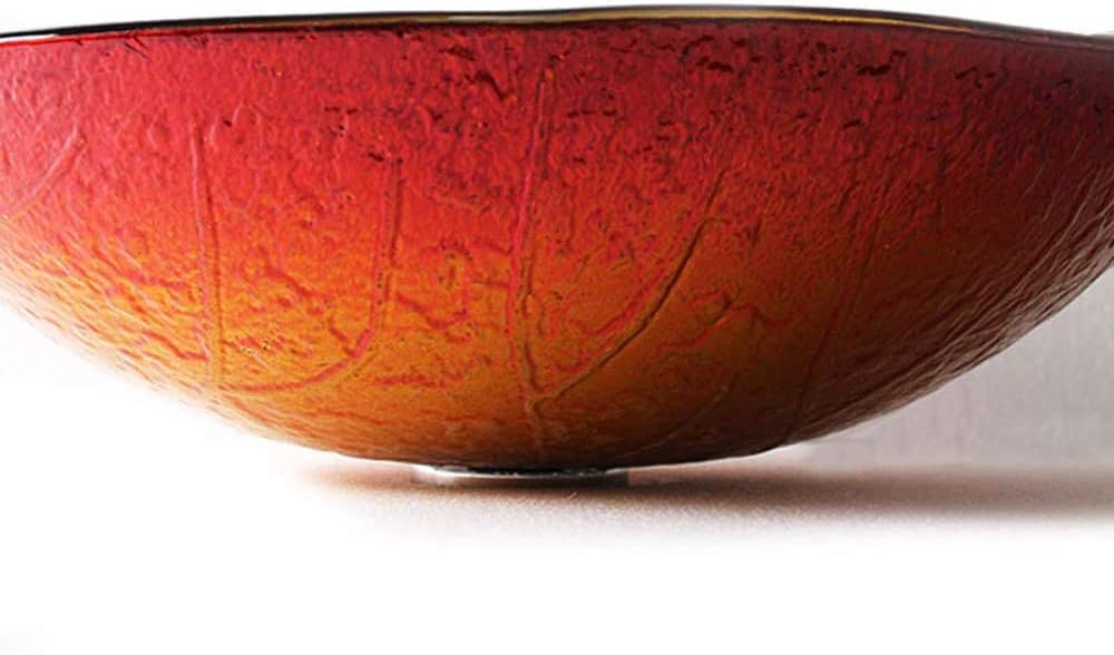 Tempered Glass Bathroom Vessel Sink Red Yellow Gradient Leaf Shape Artistic Vessel Bathroom Vanity Bowl, Top Installation Wash Basin Combo with Pop Up Drain and Mounting Ring,Single Basin