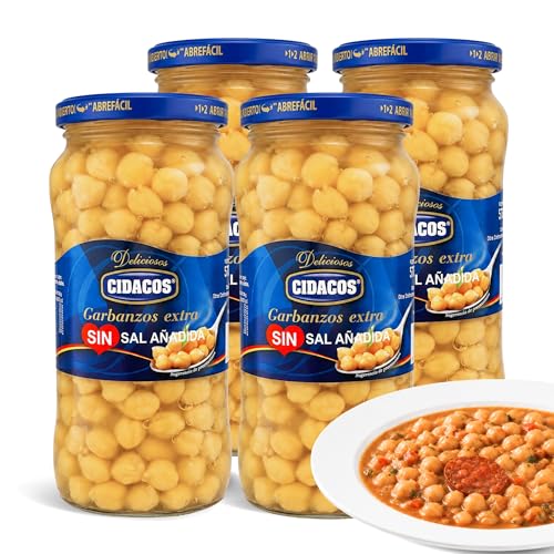 Garbanzos cocidos Extra sin sal, Ideal como guarnición, plato principal o en ensaladas, Conservar en lugar fresco y seco, Peso neto 570 g, Peso escurrido 400 gr, Formato tarro de cristal, 4 Unidades